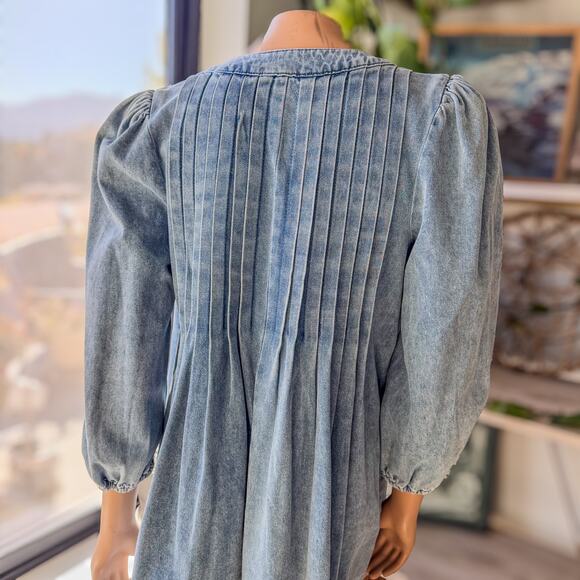 Lalavon,  Denim Pleated Bow Tie Front Long Sleeve Mini Dress, Women’s Large - Picture 3 of 13